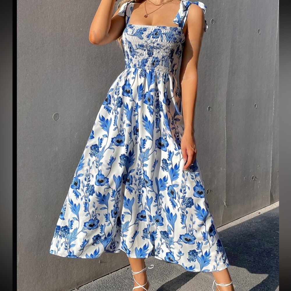 Blue & White Floral Dress Maxi - Ankle Length